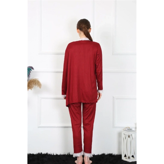Moda Kadın 3lü Bordo Sabahlık Takım