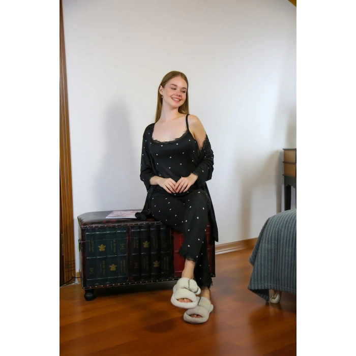 Moda Kadın 3lü Sabahlık Pijama Takım Siyah