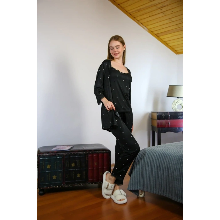 Moda Kadın 3lü Sabahlık Pijama Takım Siyah