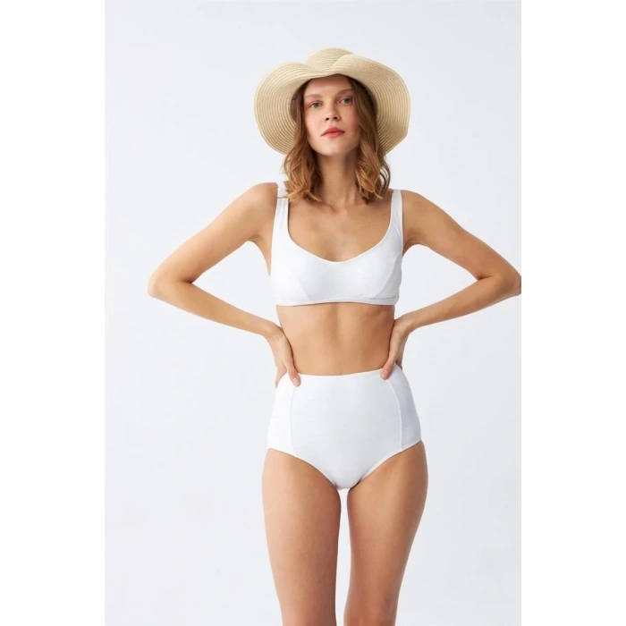 Moda Kadın Basic Beyaz Pedli Yüksek Bel Bikini Takımı