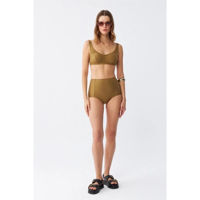 Moda Kadın Basic Hardal Pedli Yüksek Bel Bikini Takımı