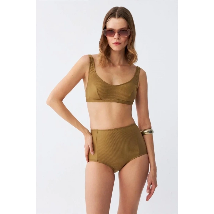 Moda Kadın Basic Hardal Pedli Yüksek Bel Bikini Takımı