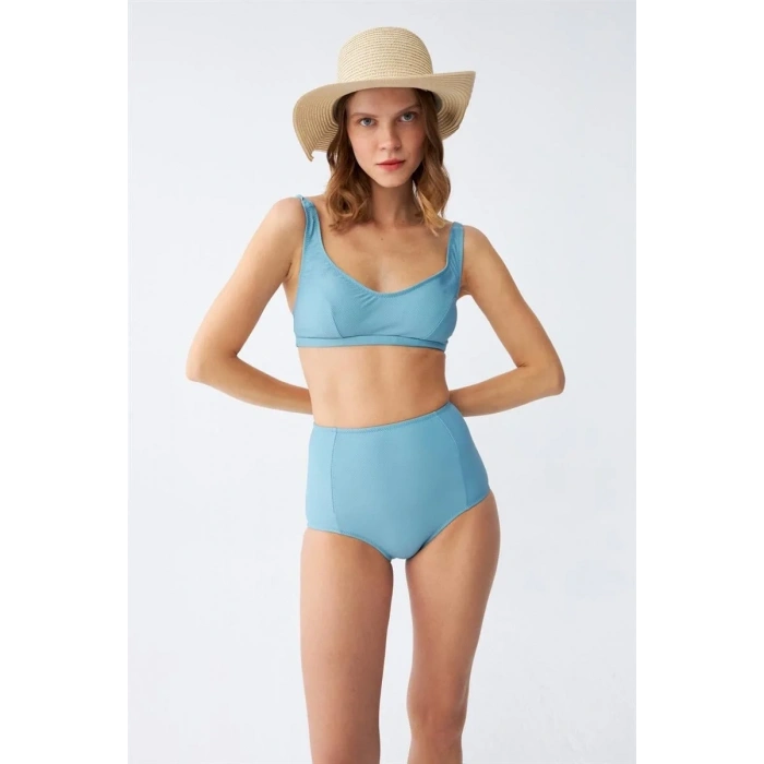 Moda Kadın Basic Turkuaz Pedli Yüksek Bel Bikini Takımı