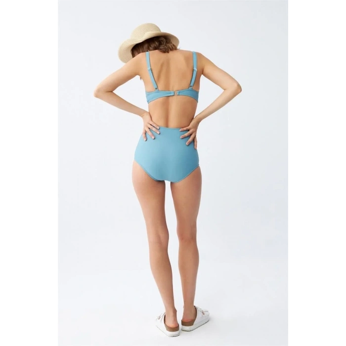 Moda Kadın Basic Turkuaz Pedli Yüksek Bel Bikini Takımı