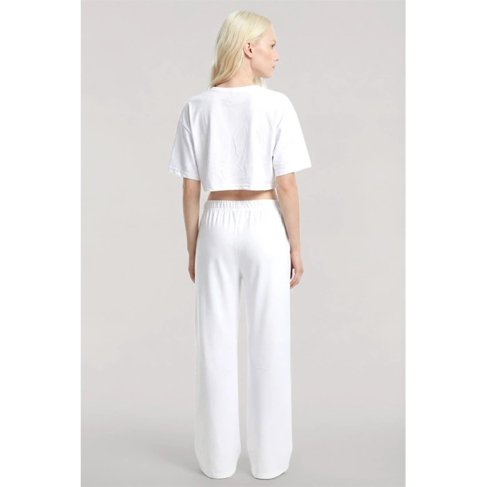Moda Kadın Beyaz Baskılı Crop T-Shirt Pantolon Takım %100 Pamuk Rahat 2’li Set