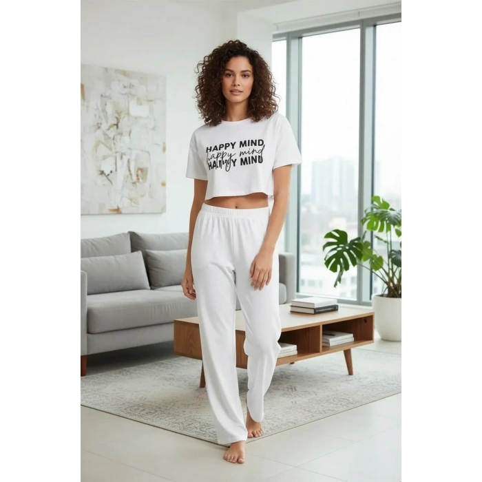 Moda Kadın Beyaz Baskılı Crop T-Shirt Pantolon Takım Rahat Günlük Kombin 2’li Set