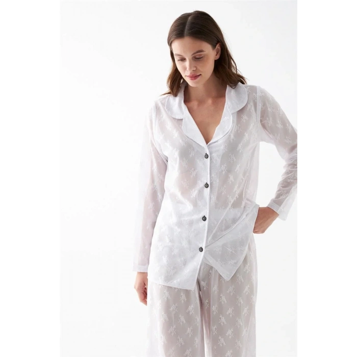 Moda Kadın Beyaz Şeffaf Jakar Düğmeli Pijama Takımı