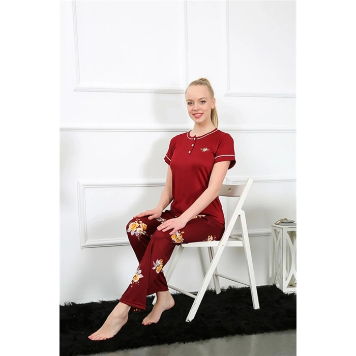 Moda Kadın Bordo Kısa Kol Pijama Takım