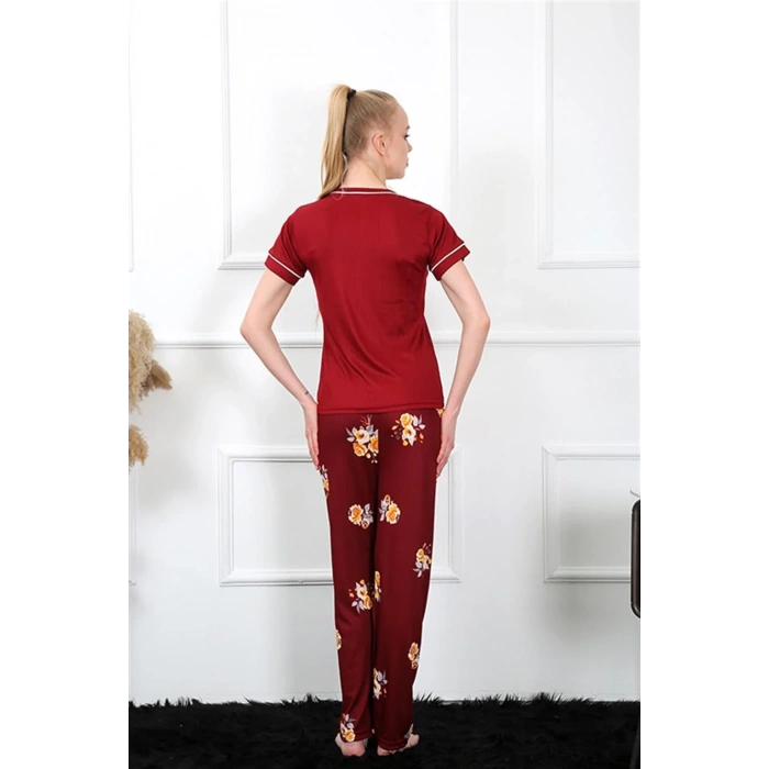 Moda Kadın Bordo Kısa Kol Pijama Takım