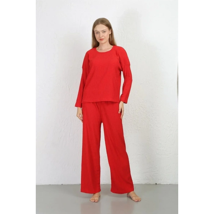 Moda Kadın Bürümcük Kumaş Pijama Takım Kırmızı