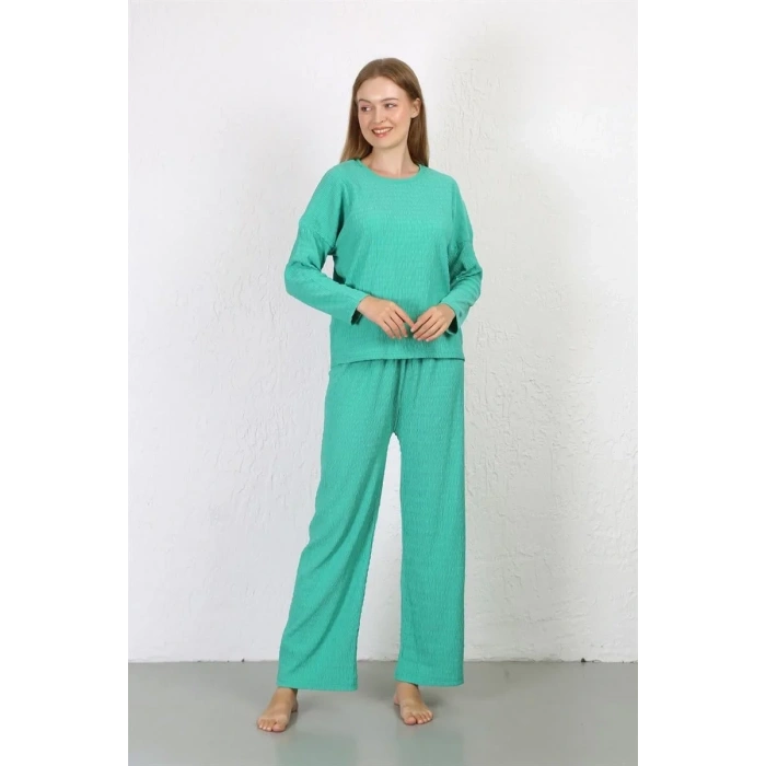 Moda Kadın Bürümcük Kumaş Pijama Takım Yeşil