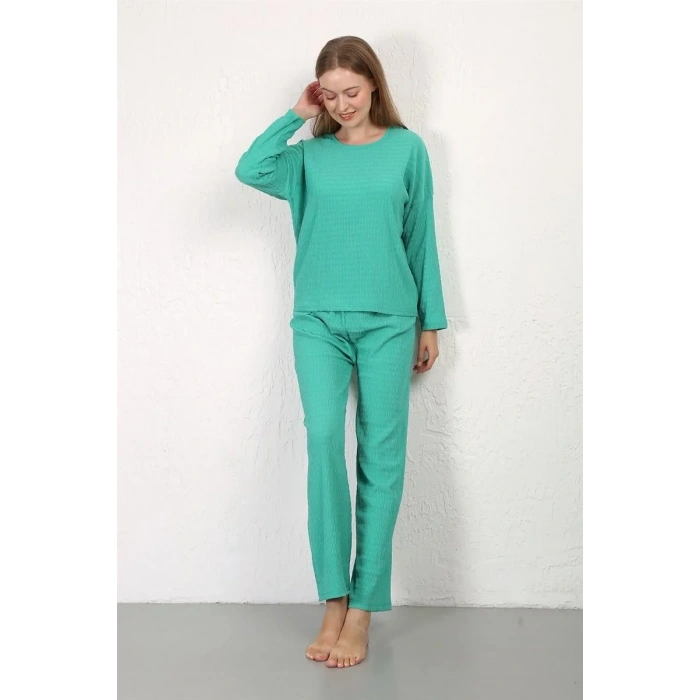 Moda Kadın Bürümcük Kumaş Pijama Takım Yeşil