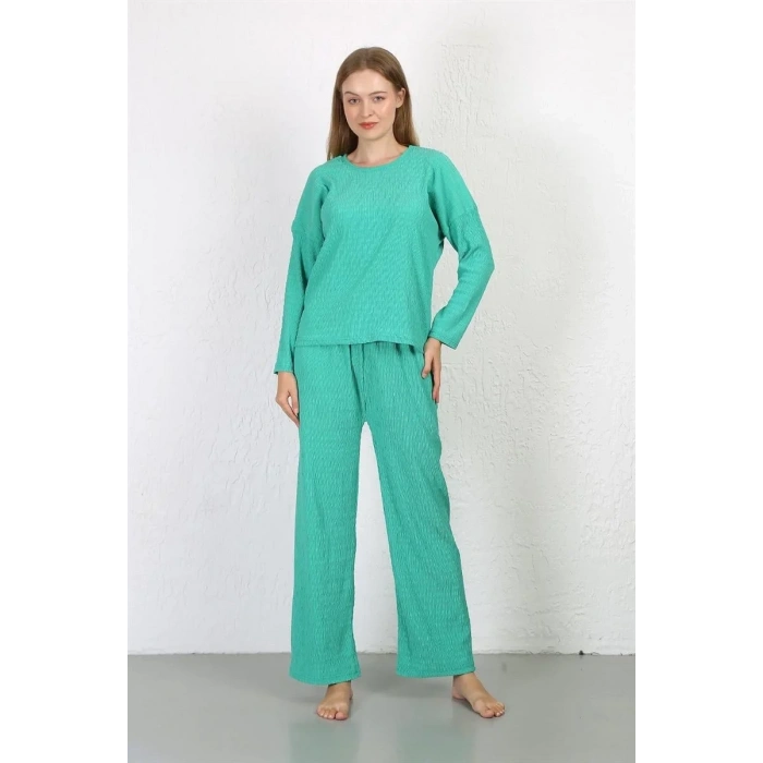Moda Kadın Bürümcük Kumaş Pijama Takım Yeşil