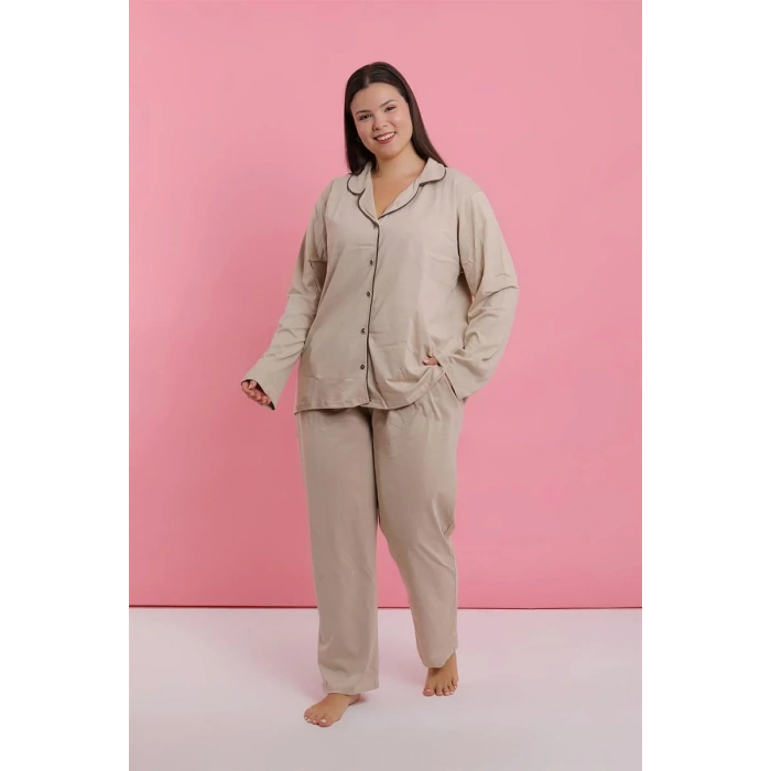 Moda Kadın Büyük Beden Bej Düğmeli Pijama Takımı