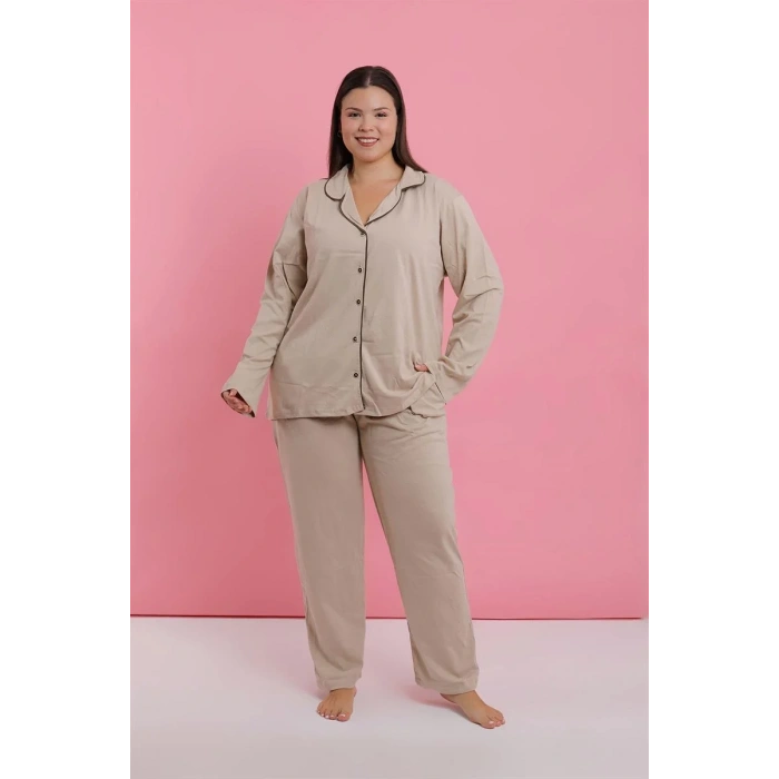 Moda Kadın Büyük Beden Bej Düğmeli Pijama Takımı