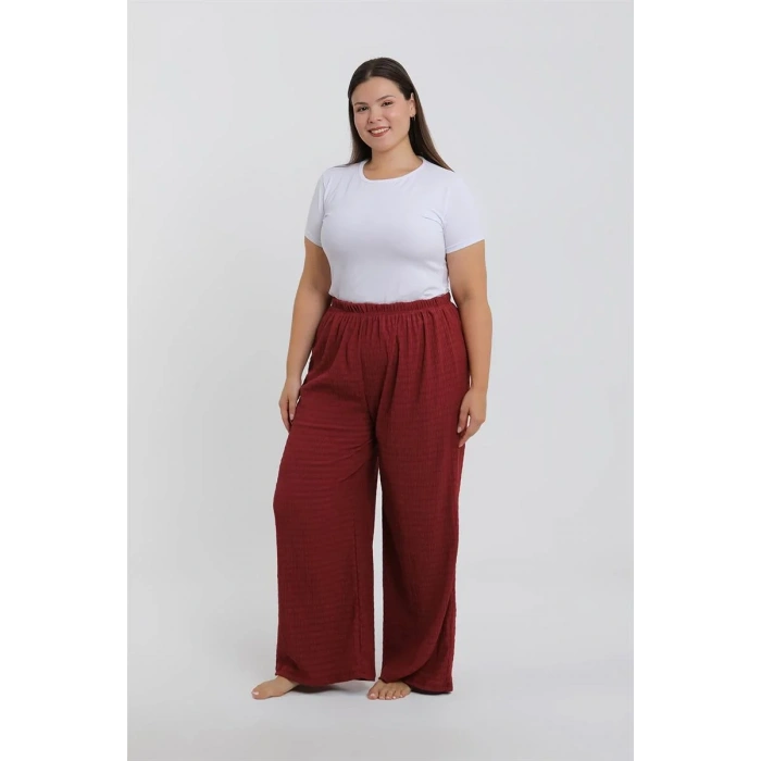 Moda Kadın Büyük Beden Bordo Rahat Kesim Baggy Tek Alt