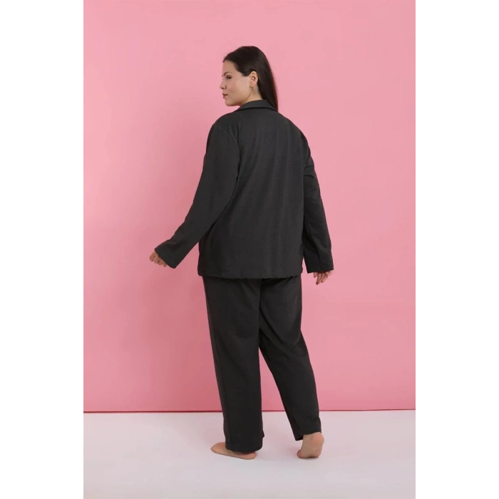 Moda Kadın Büyük Beden Füme Düğmeli Pijama Takımı