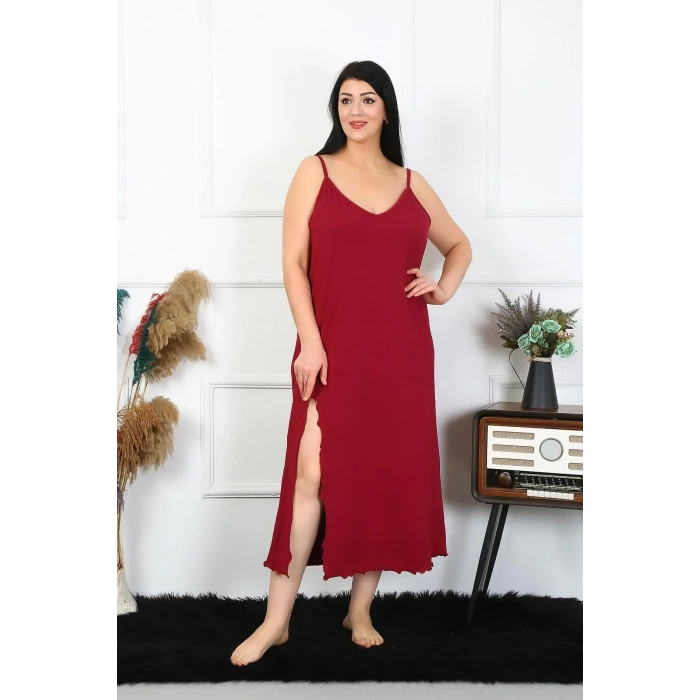 Moda Kadın Büyük Beden İp Askılı Pamuklu Bordo Uzun Gecelik