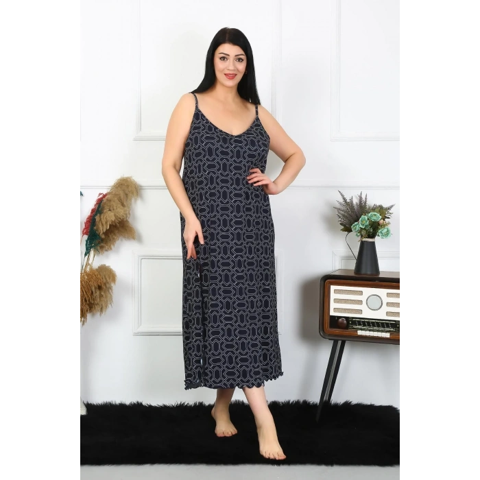 Moda Kadın Büyük Beden İp Askılı Pamuklu Uzun Gecelik