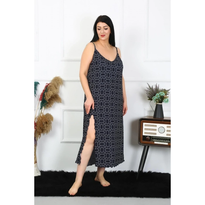 Moda Kadın Büyük Beden İp Askılı Pamuklu Uzun Gecelik