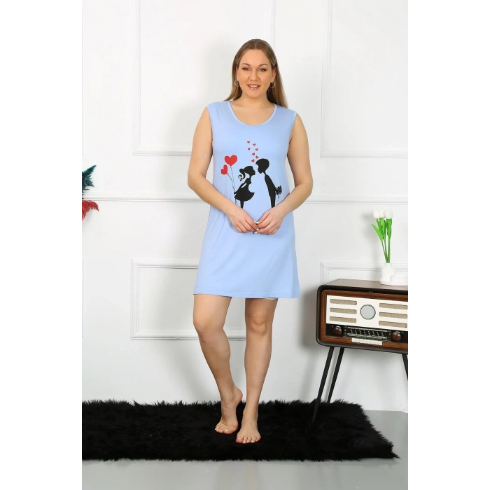 Moda Kadın Büyük Beden Kalın Askılı Penye Diz Üstü Mavi Gecelik