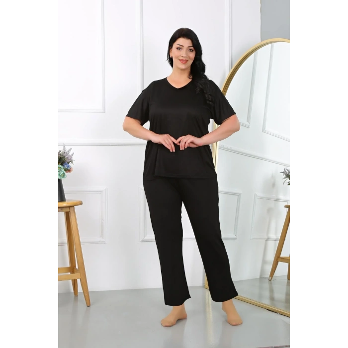 Moda Kadın Büyük Beden Kısa Kol Penye Pijama Takımı Siyah
