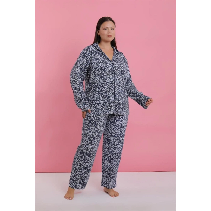 Moda Kadın Büyük Beden Mavi Leopar Desenli Düğmeli Pijama Takımı