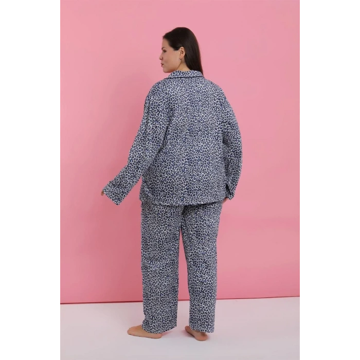 Moda Kadın Büyük Beden Mavi Leopar Desenli Düğmeli Pijama Takımı