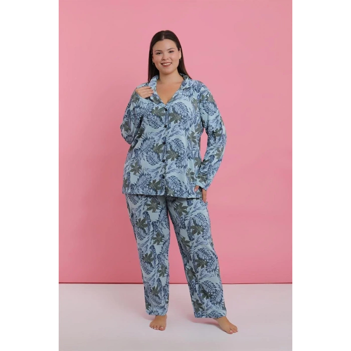 Moda Kadın Büyük Beden Mavi Tropikal Desenli Düğmeli Pijama Takımı