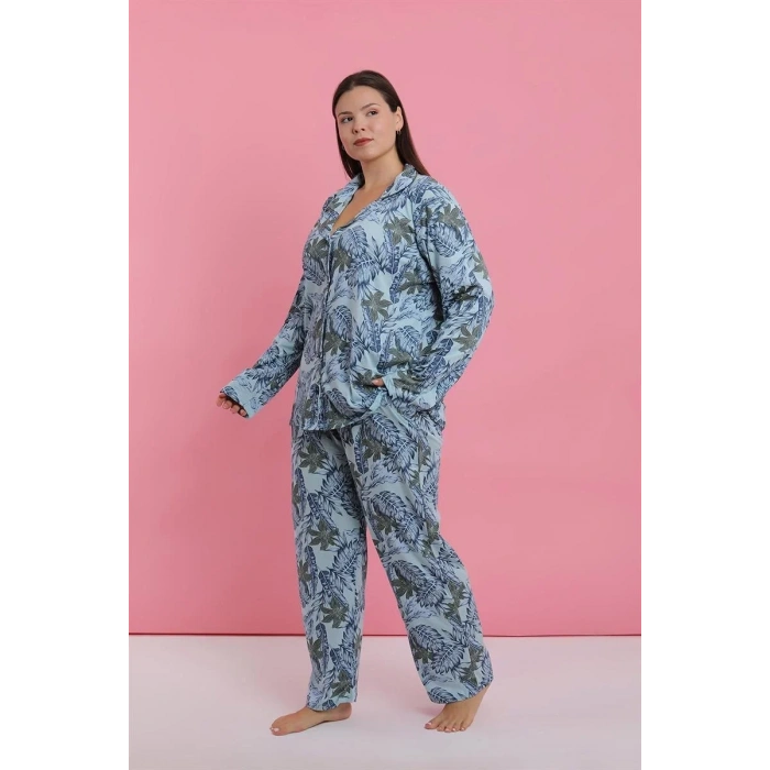 Moda Kadın Büyük Beden Mavi Tropikal Desenli Düğmeli Pijama Takımı