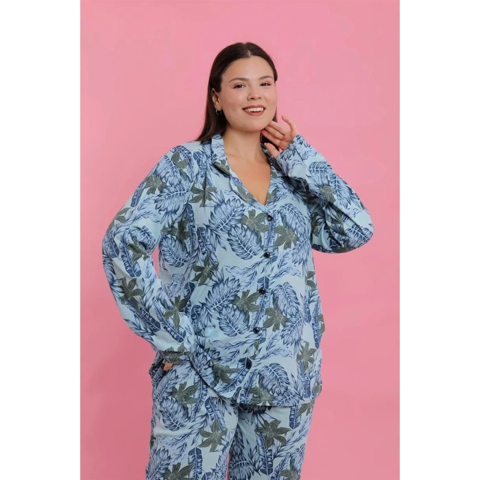 Moda Kadın Büyük Beden Mavi Tropikal Desenli Düğmeli Pijama Takımı