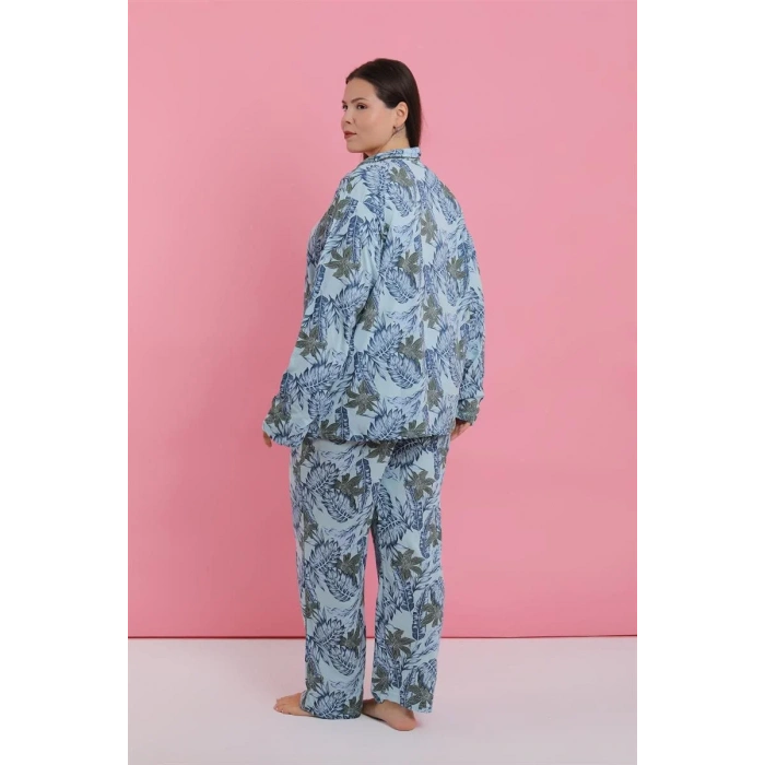 Moda Kadın Büyük Beden Mavi Tropikal Desenli Düğmeli Pijama Takımı