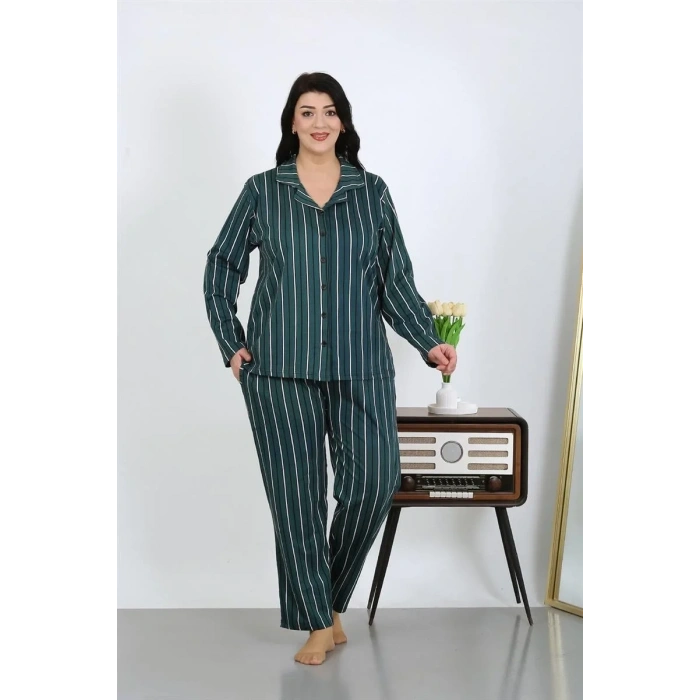 Moda Kadın Büyük Beden Pamuklu Cepli Düğmeli Petrol Pijama Takım