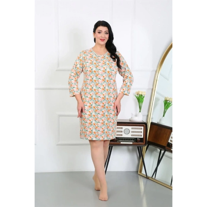 Moda Kadın Büyük Beden Penye Gecelik Ev Elbisesi Krem