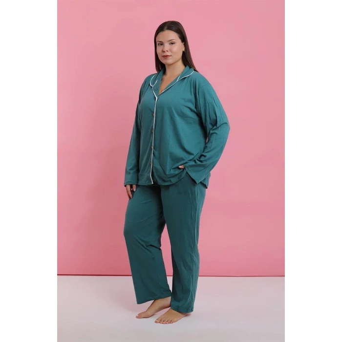 Moda Kadın Büyük Beden Petrol Rengi Düğmeli Pijama Takımı