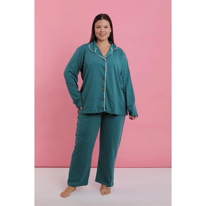 Moda Kadın Büyük Beden Petrol Rengi Düğmeli Pijama Takımı