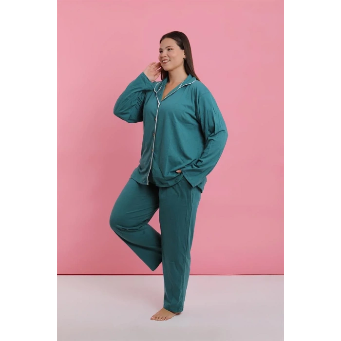 Moda Kadın Büyük Beden Petrol Rengi Düğmeli Pijama Takımı