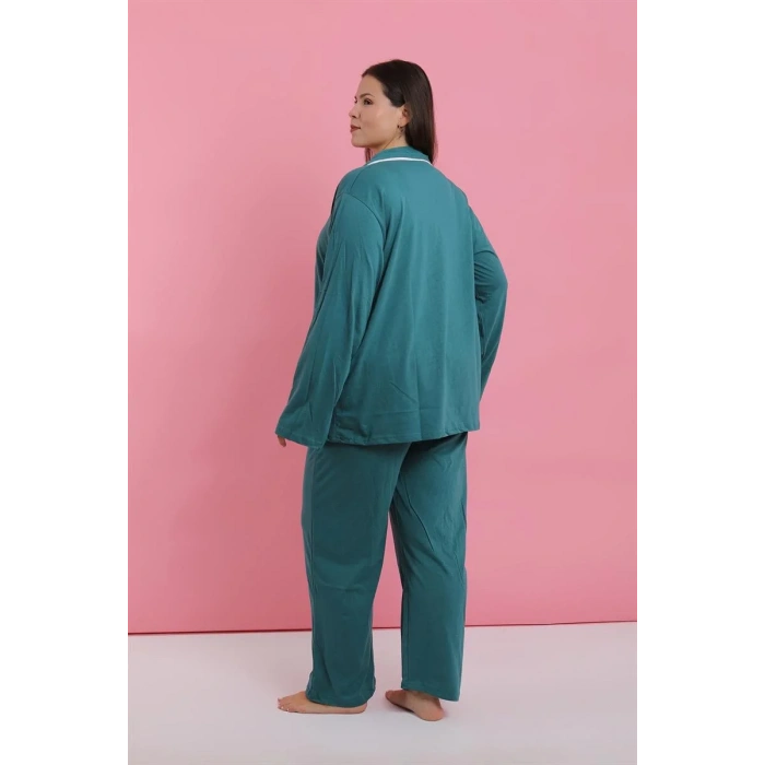 Moda Kadın Büyük Beden Petrol Rengi Düğmeli Pijama Takımı