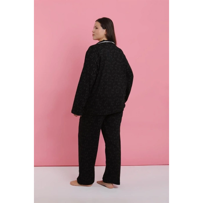 Moda Kadın Büyük Beden Siyah Beyaz Biyeli Desenli Düğmeli Pijama Takımı
