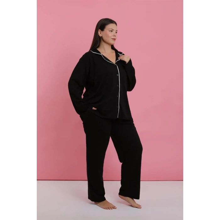Moda Kadın Büyük Beden Siyah Düğmeli Pijama Takımı