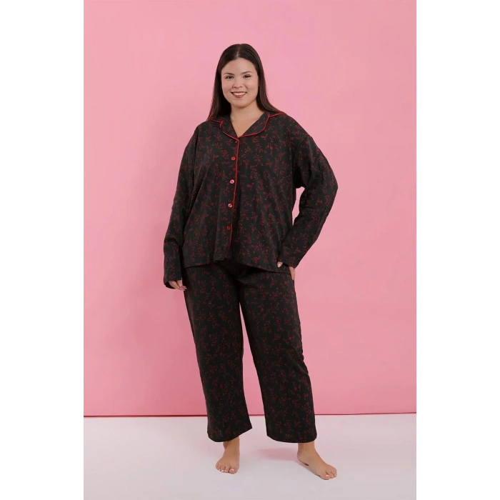 Moda Kadın Büyük Beden Siyah Kırmızı Çiçekli Düğmeli Pijama Takımı