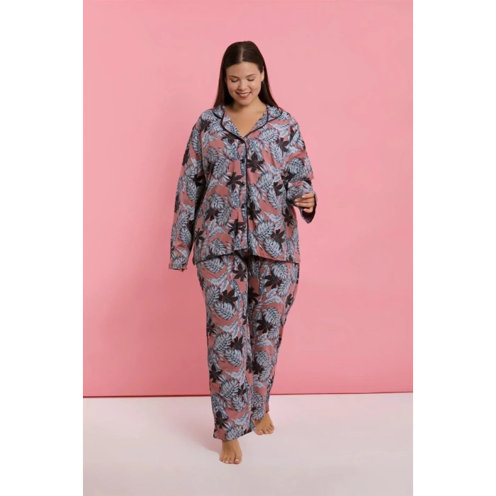 Moda Kadın Büyük Beden Somon Yaprak Desenli Düğmeli Pijama Takımı