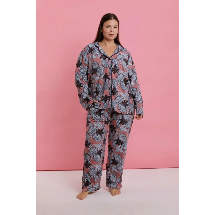 Moda Kadın Büyük Beden Somon Yaprak Desenli Düğmeli Pijama Takımı