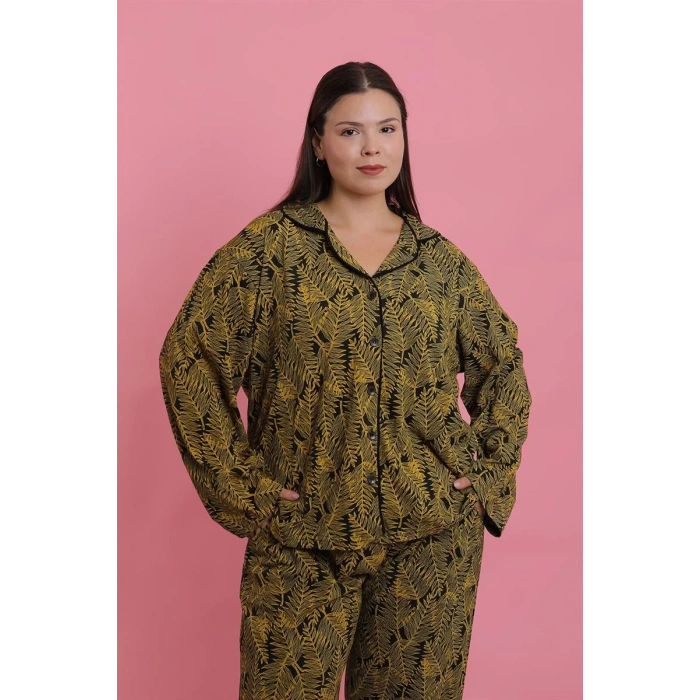Moda Kadın Büyük Beden Tropikal Yaprak Desenli Düğmeli Pijama Takımı