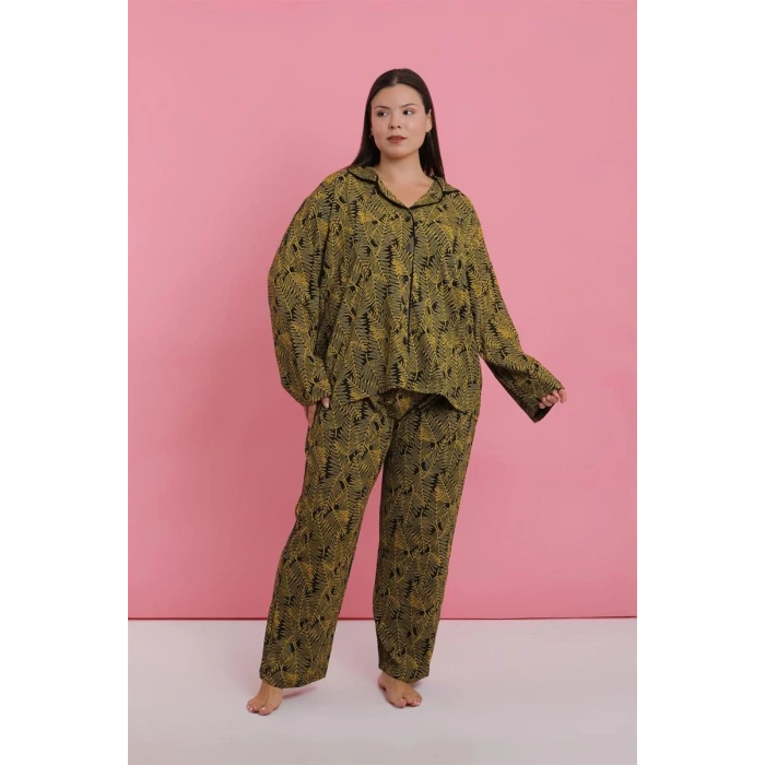 Moda Kadın Büyük Beden Tropikal Yaprak Desenli Düğmeli Pijama Takımı