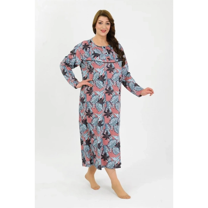 Moda Kadın Büyük Beden Uzun Kol Somon Anne Gecelik