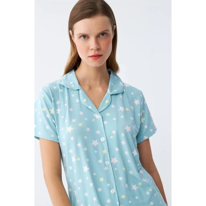 Moda Kadın Buz Mavisi Yıldız Desenli Önden Düğmeli Pijama Takımı