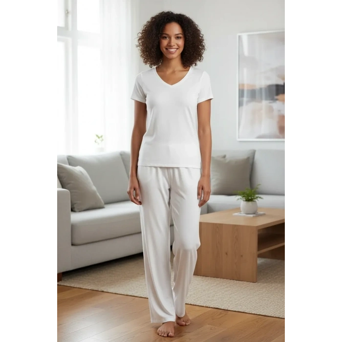 Moda Kadın Ekru Yumuşak Dokulu Minimal V Yaka Üst Basic Şık Günlük Bluz