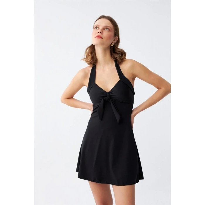 Moda Kadın Fiyonklu Siyah Elbise Mayo