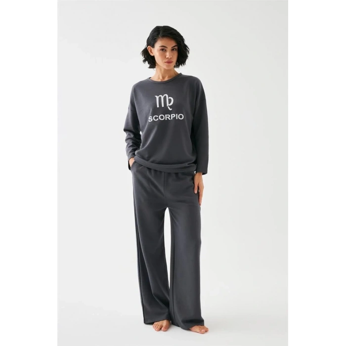 Moda Kadın Füme Akrep Burcu Oversize 2 İplik Eşofman Ev Giyim Takımı